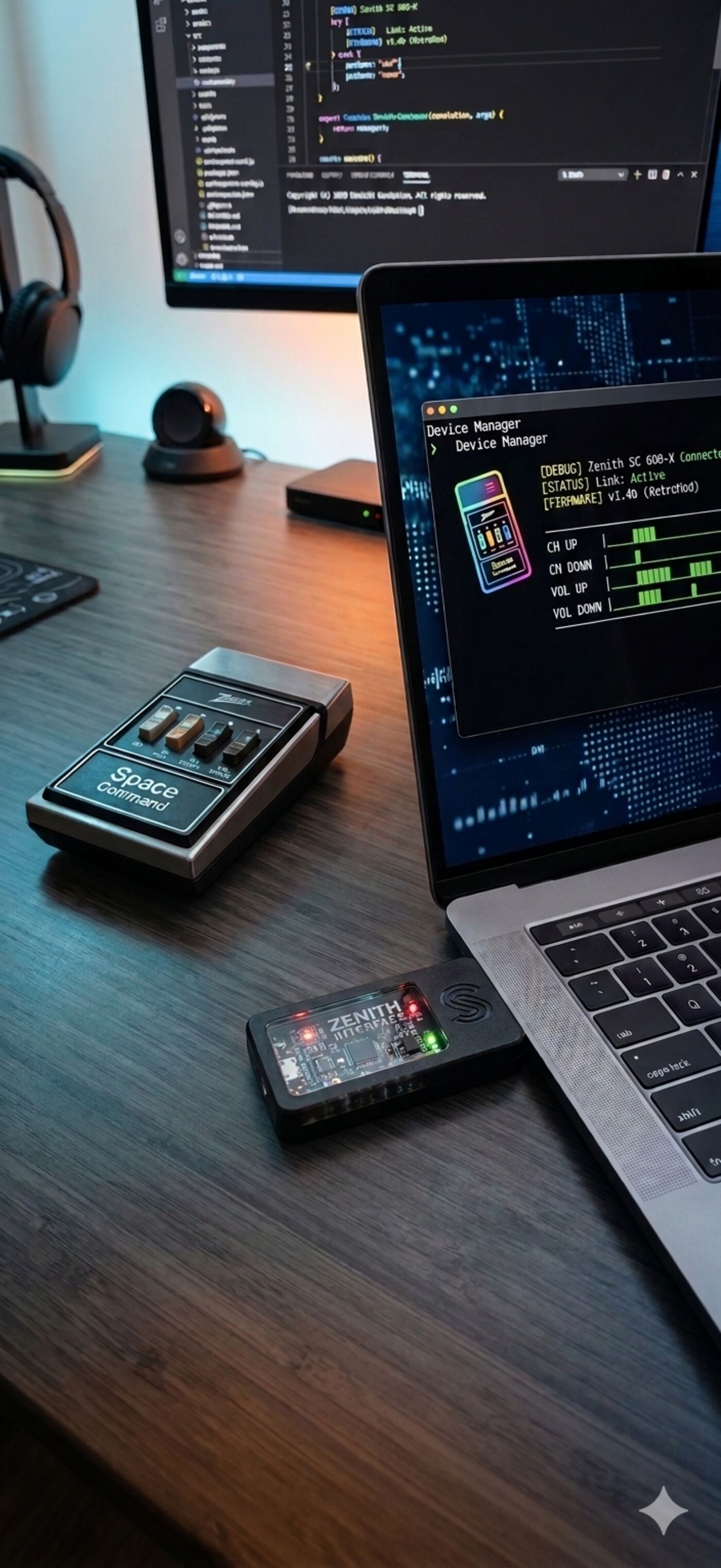 Zenith Space Command remote on a desk beside TheClicker USB bridge with a laptop showing live ultrasonic capture